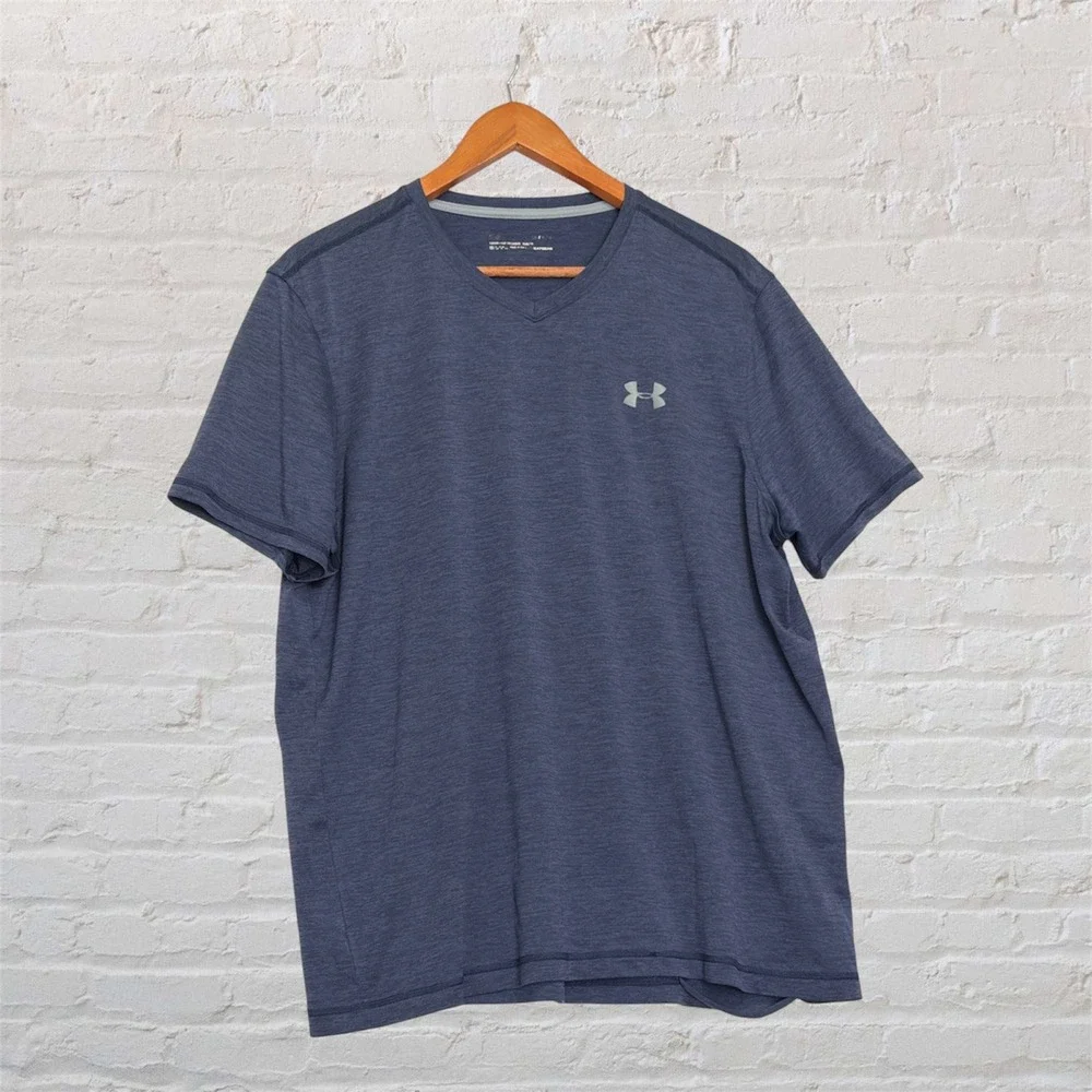 Under Armour HeatGear Mens V-Neck T-Shirt Navy Blue Heather Loose Fit Large